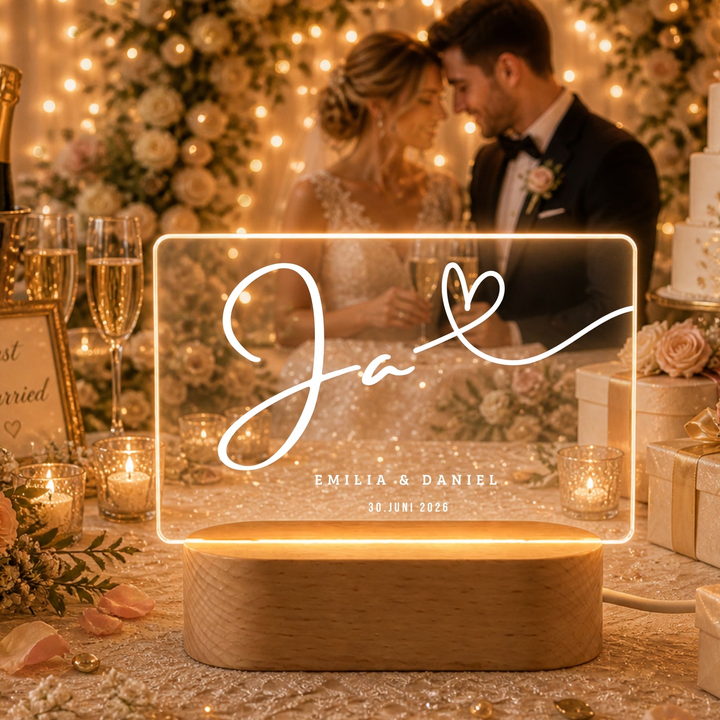 Personalisiertes Nachtlicht „Ja" Hochzeit – Querformat Ansicht