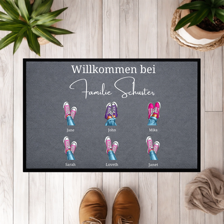 Personalisierte Familien-Fußmatte – Individuelle Fußmatte mit Namen und Schuh-Design