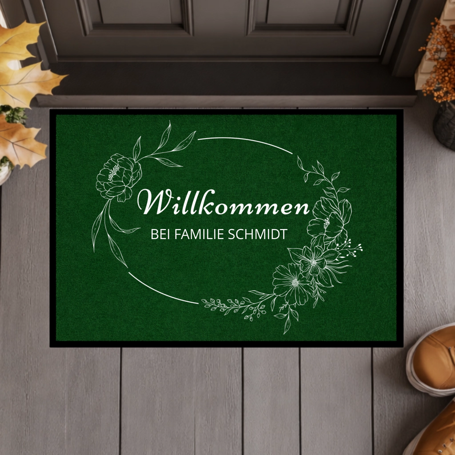 Personalisierte Blumenkranz Willkommen Fußmatte mit Familiennamen – Individuelle schwarze Eingangsmatte, Geschenk zum Einzug