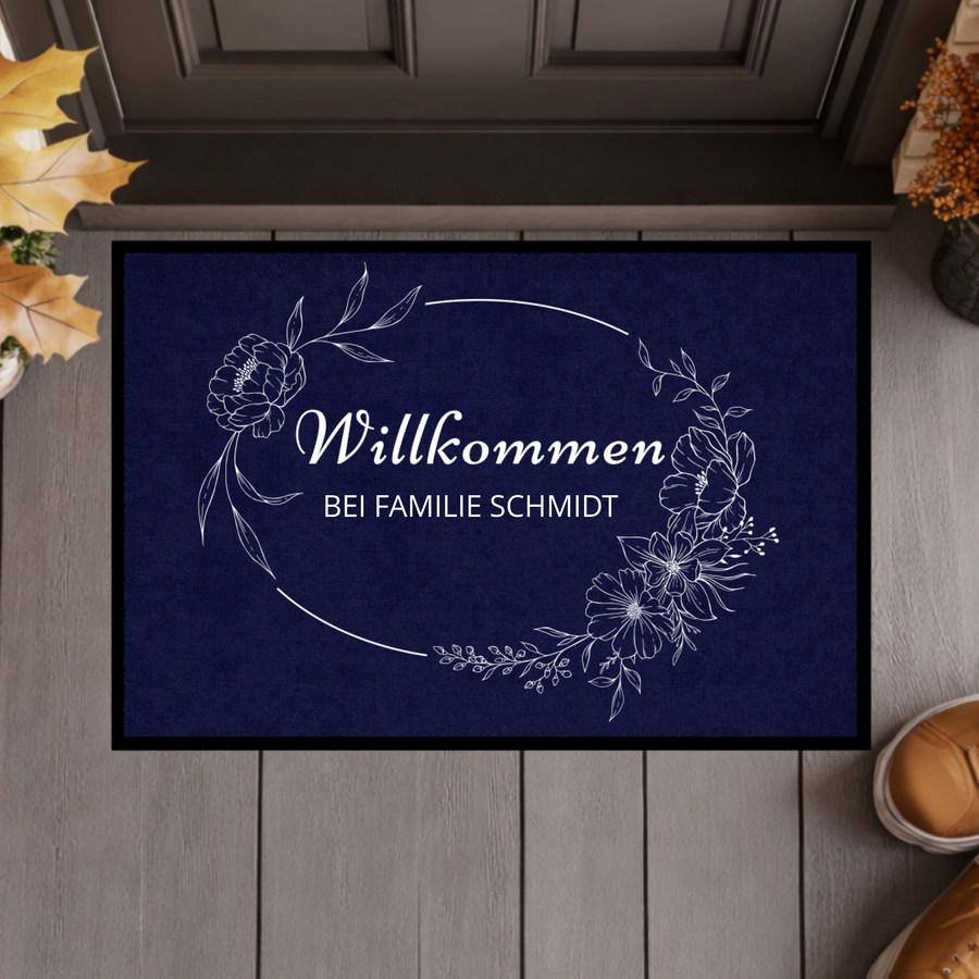 Personalisierte Blumenkranz Willkommen Fußmatte mit Familiennamen – Individuelle schwarze Eingangsmatte, Geschenk zum Einzug