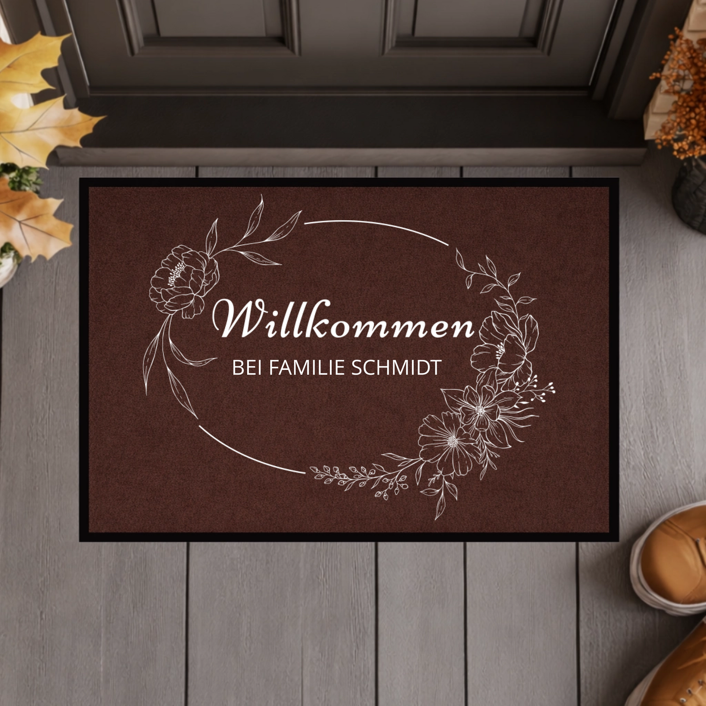 Personalisierte Blumenkranz Willkommen Fußmatte mit Familiennamen – Individuelle schwarze Eingangsmatte, Geschenk zum Einzug