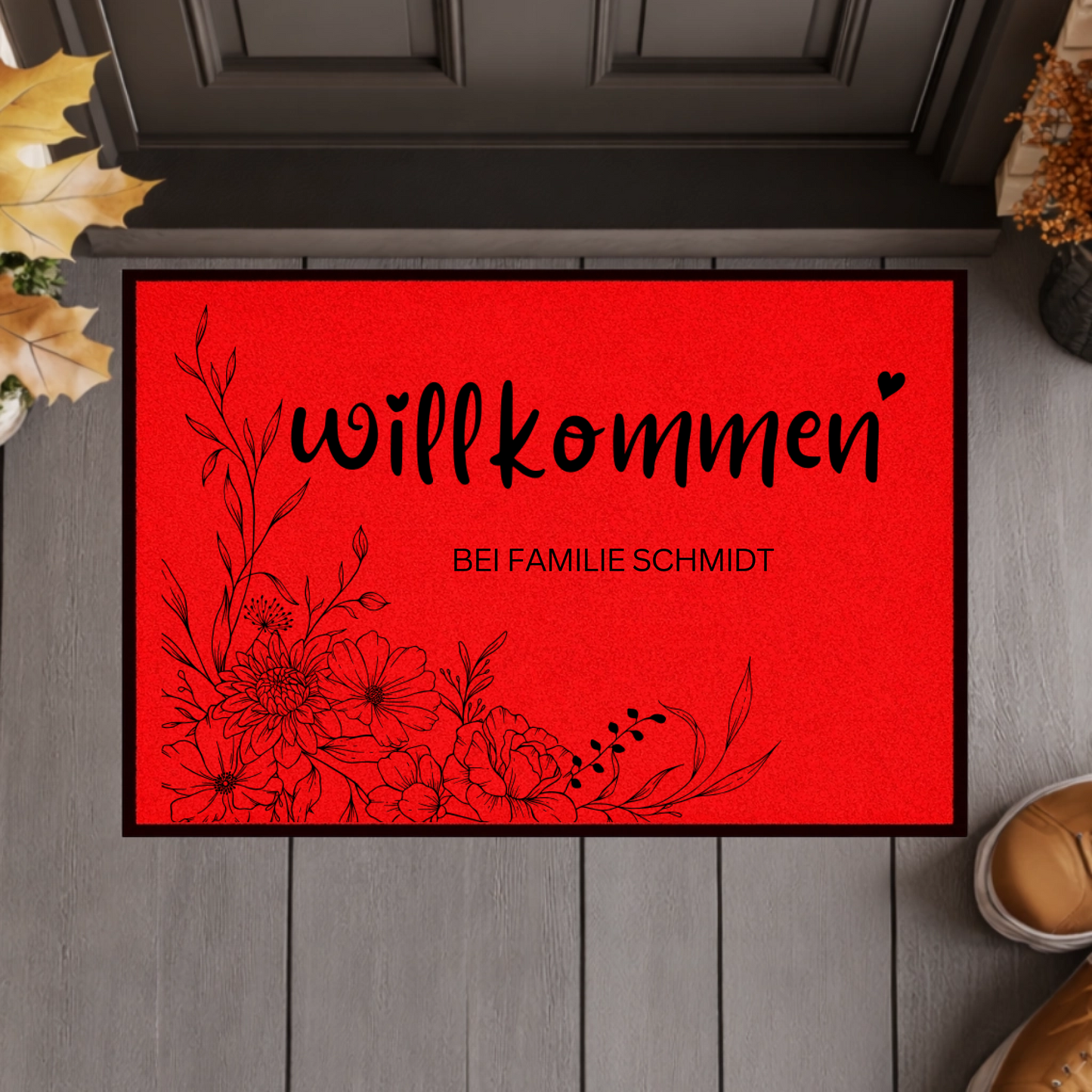 Personalisierte Blumen Willkommen Fußmatte mit Familiennamen – Individuelle Eingangsmatte, Geschenk zum Einzug