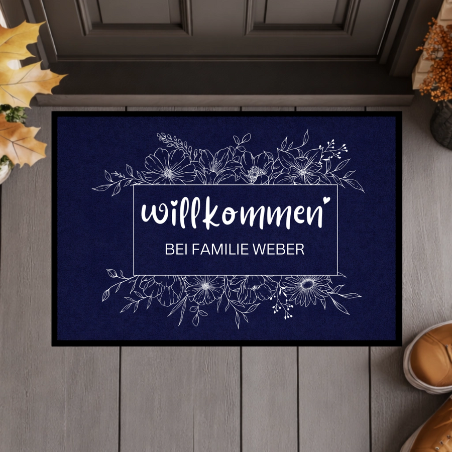 Personalisierte Wildblumen Fußmatte – Willkommen Matte mit Familienname & Gummirand