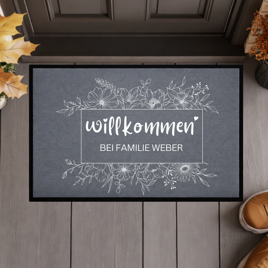 Personalisierte Wildblumen Fußmatte – Willkommen Matte mit Familienname & Gummirand