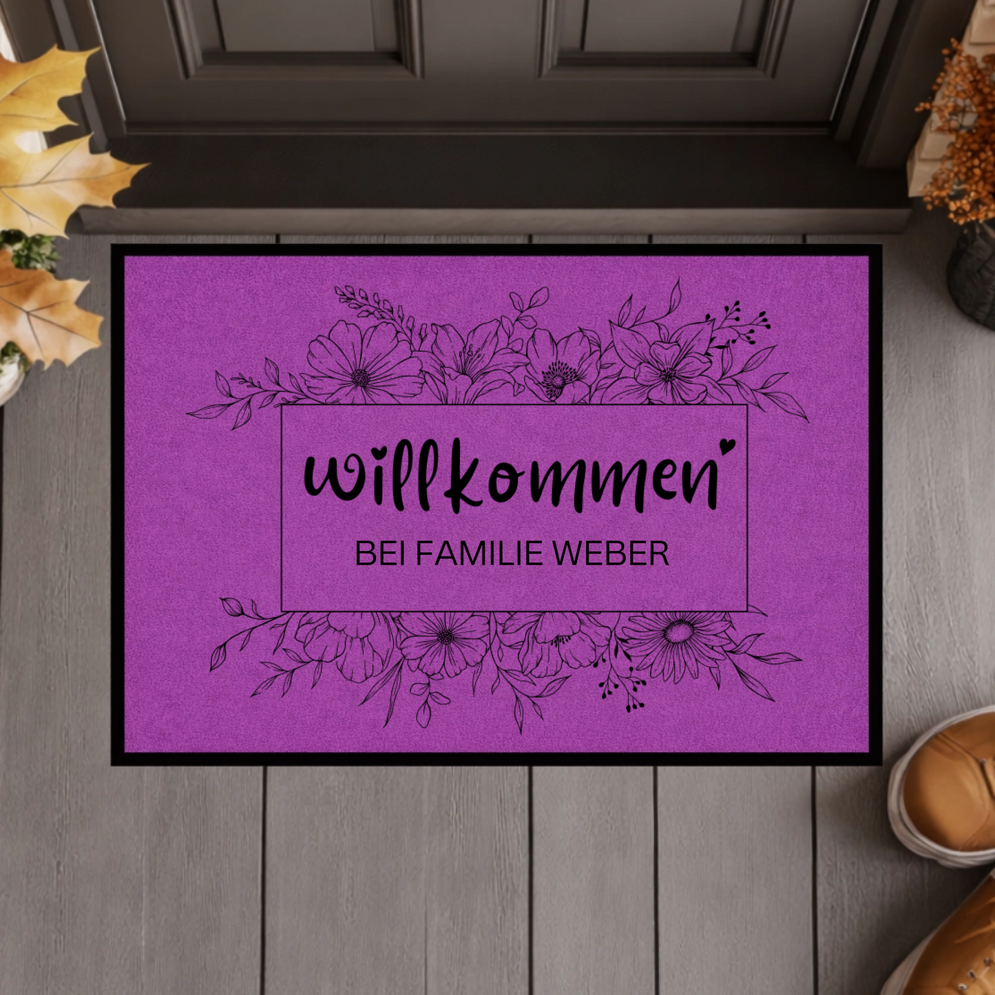Personalisierte Wildblumen Fußmatte – Willkommen Matte mit Familienname & Gummirand