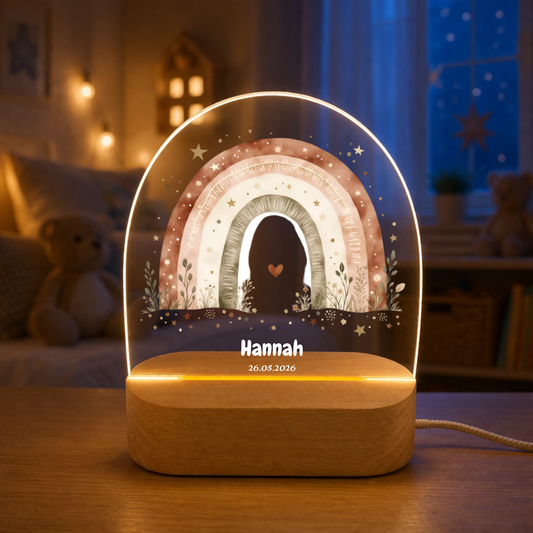 Personalisiertes Nachtlicht mit Regenbogen – LED Acryl Lampe mit Name & Geburtsdatum – Geschenk zur Geburt oder Taufe