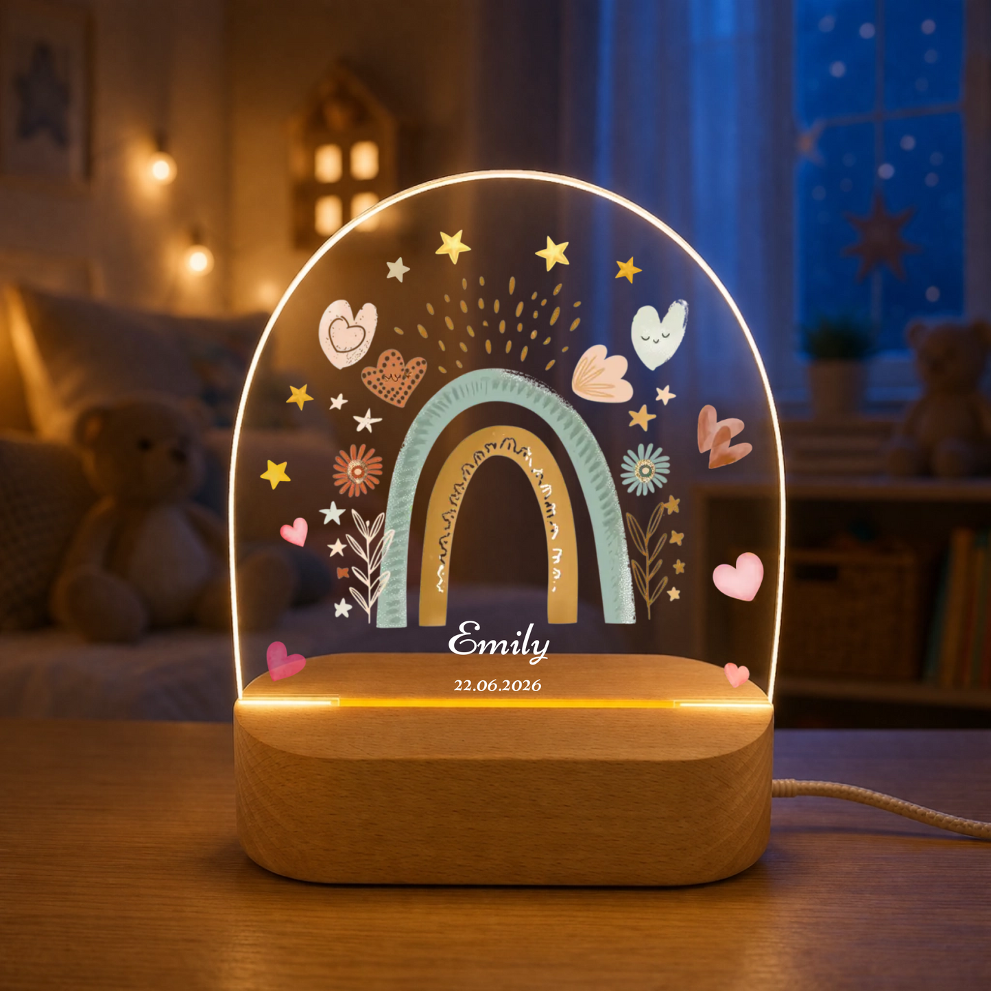 Personalisiertes Nachtlicht mit Regenbogen – LED Acryl Lampe mit Name & Geburtsdatum – Geschenk zur Geburt oder Taufe