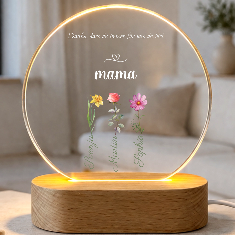 Personalisiertes Herz Acryl LED Nachtlicht für Mama – Individuelles Namensgeschenk für Mutter mit Holzsockel