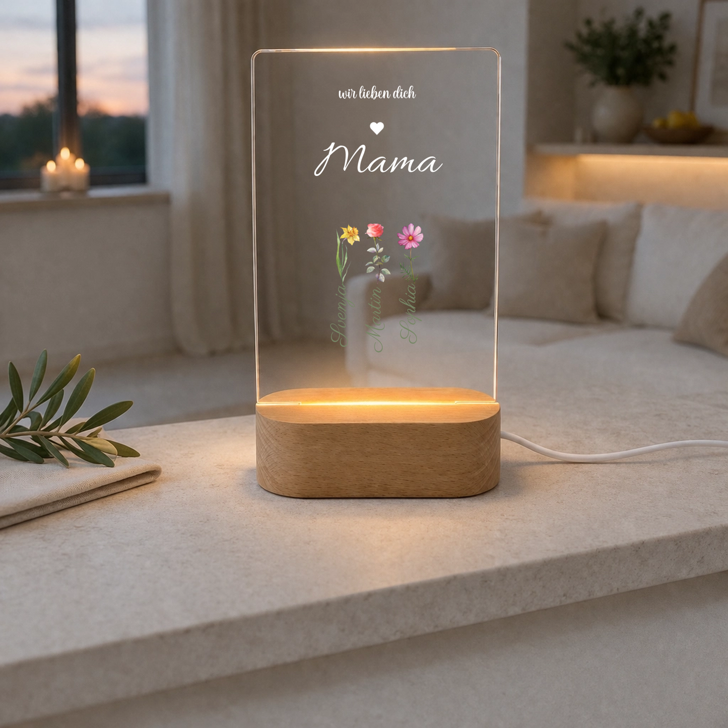 Mama Geschenk personalisiert mit Kindernamen | Leuchtende Acrylglas Dekolampe