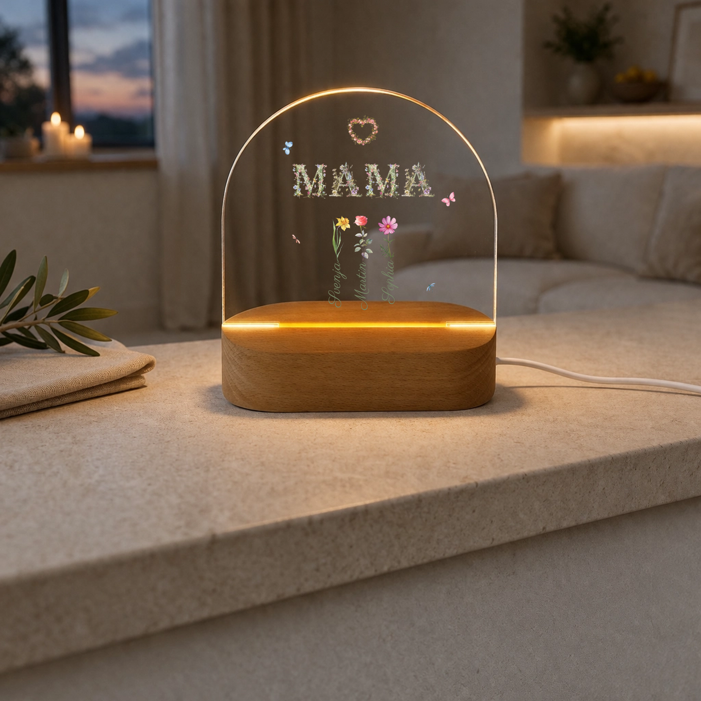 Personalisierte Mama Lampe mit floralen Namen | LED Geschenk für Mutter