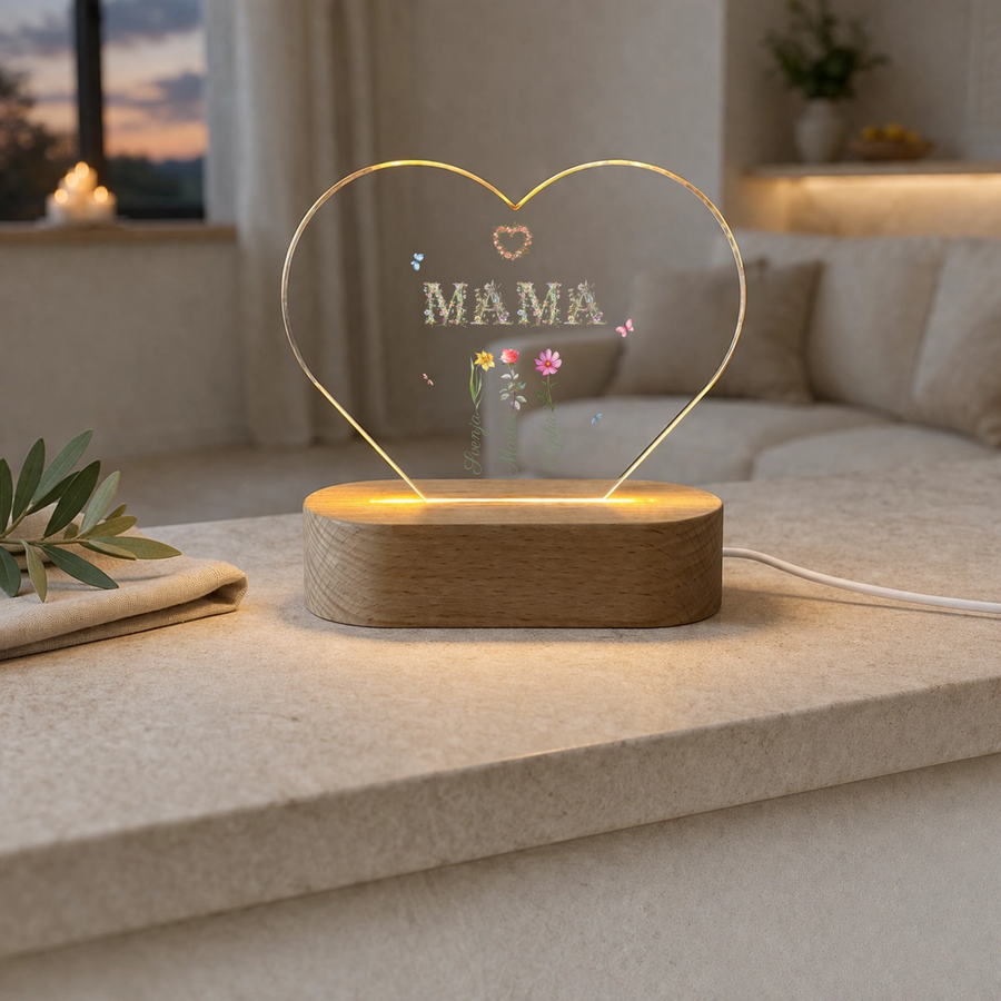 Personalisierte Mama Lampe mit floralen Namen | LED Geschenk für Mutter