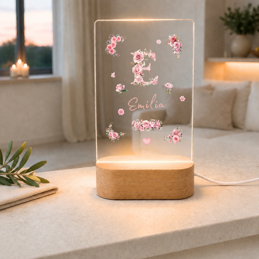 Personalisierte Rosen-Monogramm LED Nachtlampe mit Namen | Individuelle Acryl Lampe als Geschenk für Mädchen, Schwestern, beste F