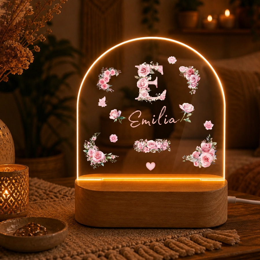 Personalisierte Rosen-Monogramm LED Nachtlampe mit Namen | Individuelle Acryl Lampe als Geschenk für Mädchen, Schwestern, beste F