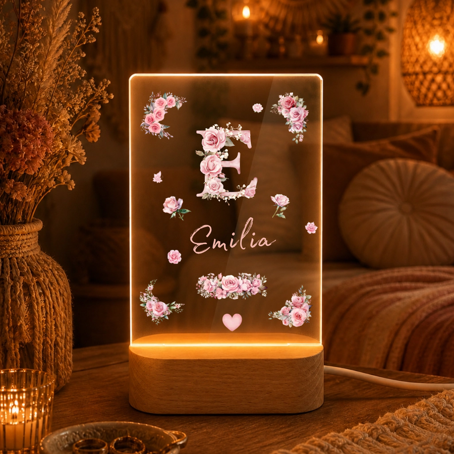 Personalisierte Rosen-Monogramm LED Nachtlampe mit Namen | Individuelle Acryl Lampe als Geschenk für Mädchen, Schwestern, beste F