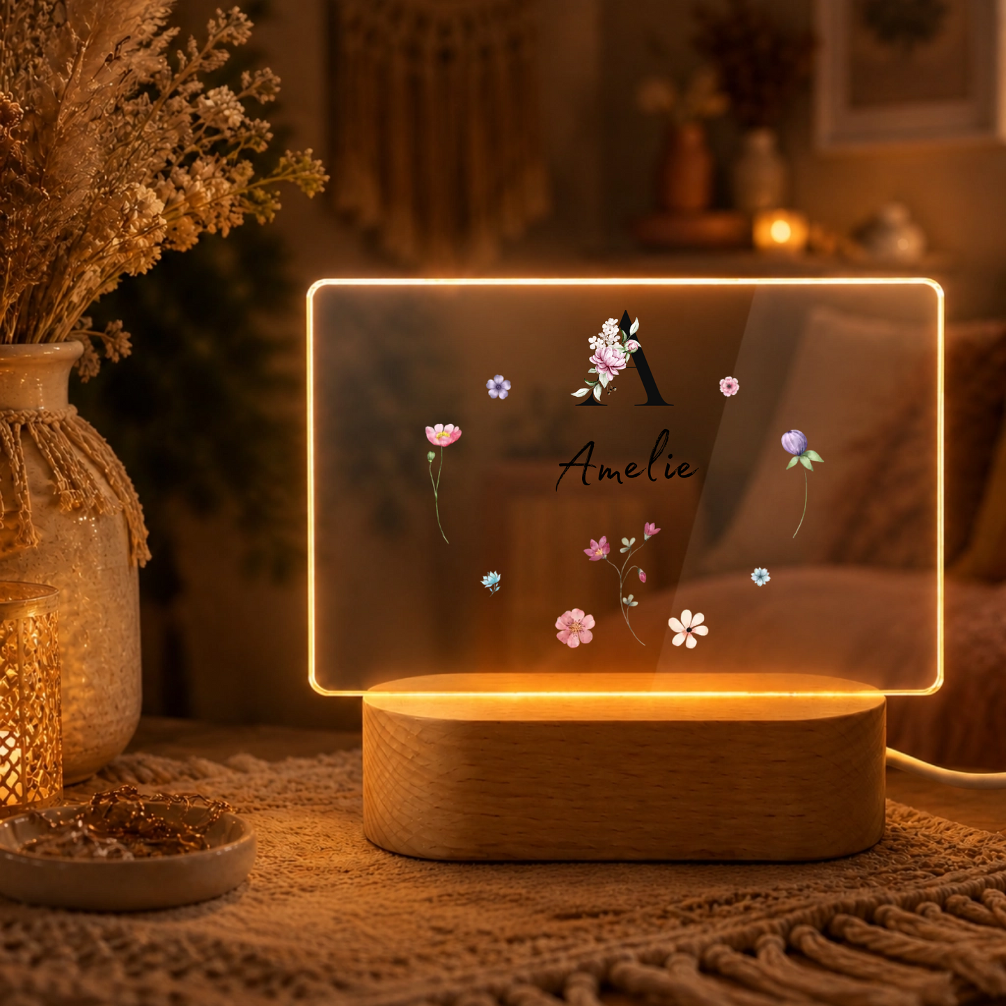 Personalisierte florale LED-Nachtlampe mit Initiale & Name | Individuelle Acryl Lampe als Geschenk für Mädchen, Frauen & Geschwister