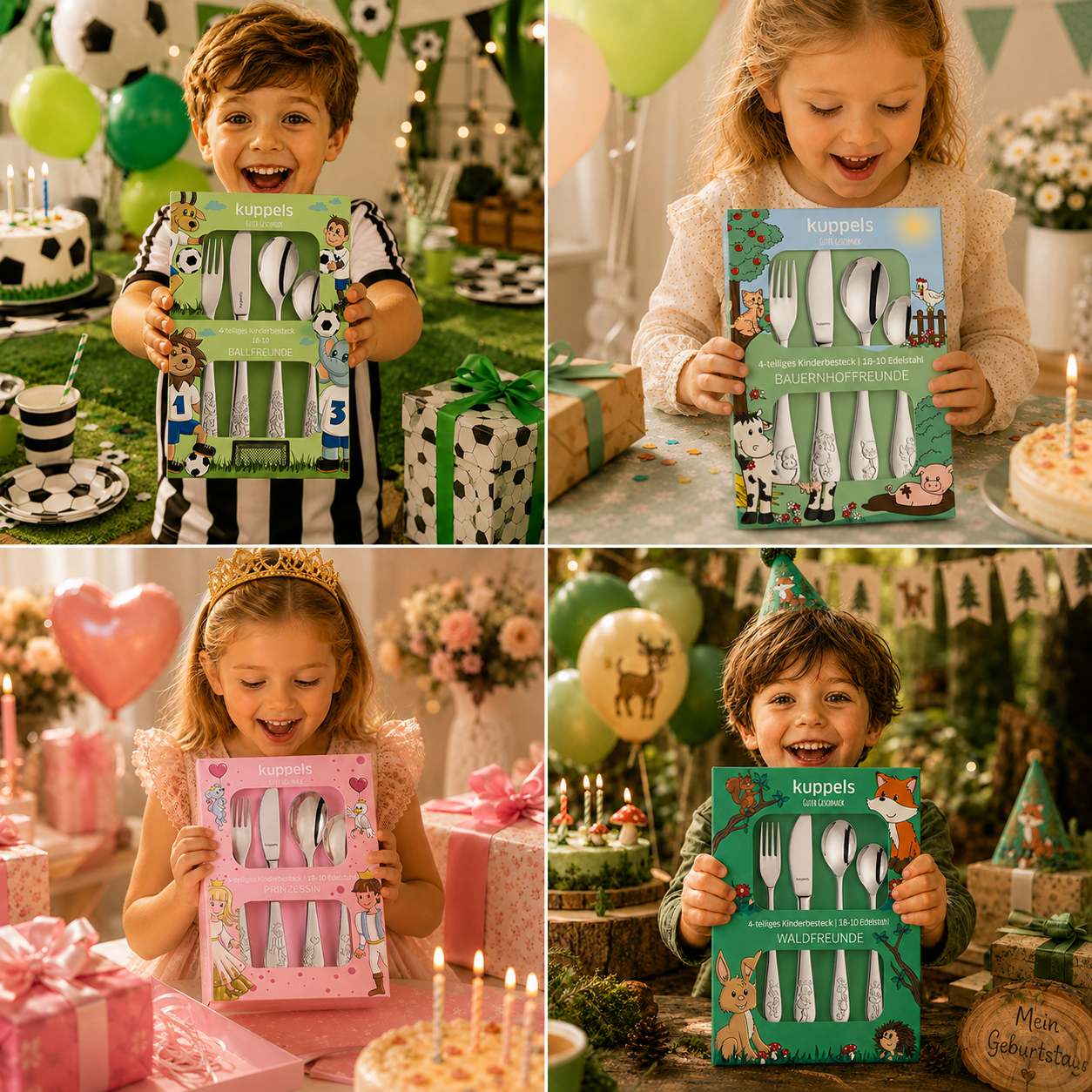 Alle 4 Kinderbesteck-Designs im Überblick im Milieu– personalisiert mit Gravur, 4-teilig Edelstahl
