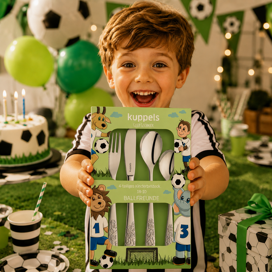 Personalisiertes Kinderbesteck Ballfreunde-Design mit Namensgravur – 4-teilig aus Edelstahl