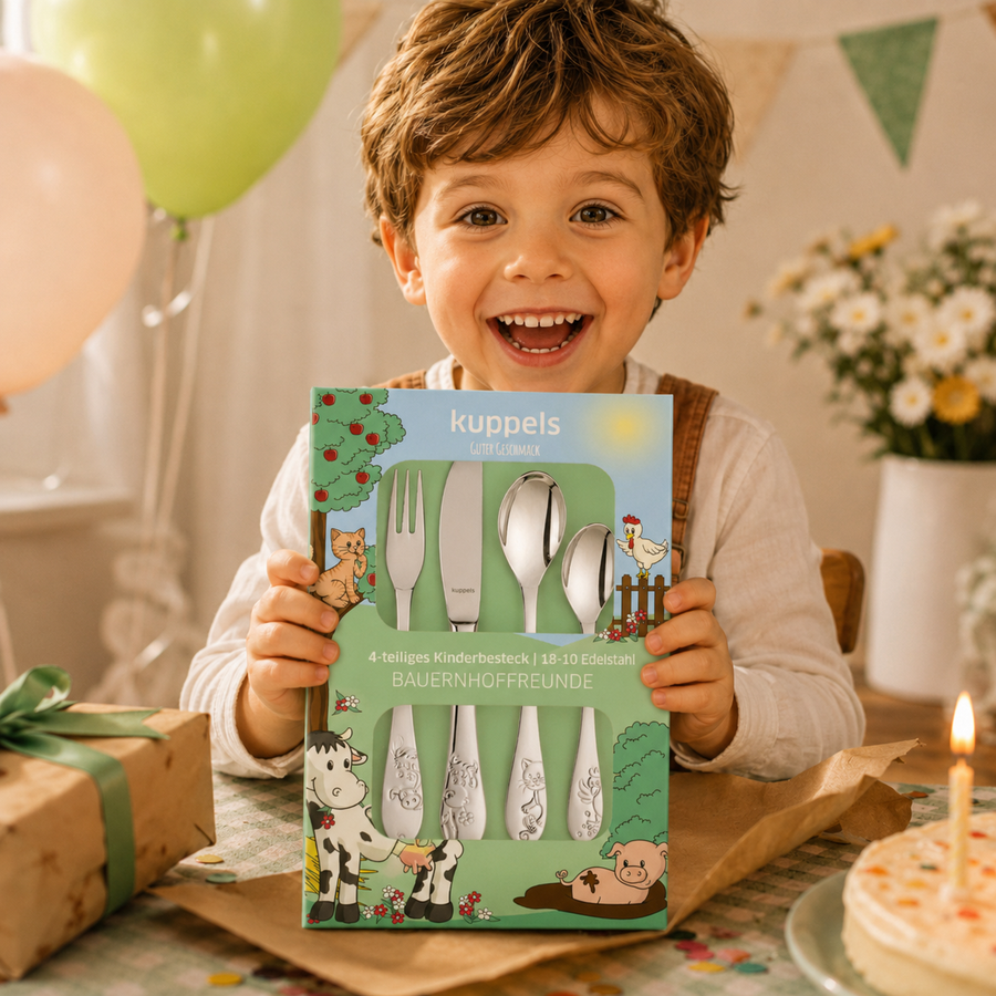 Kinderbesteck Bauernhof-Design mit Namensgravur für Jungen – 4-teilig Edelstahl