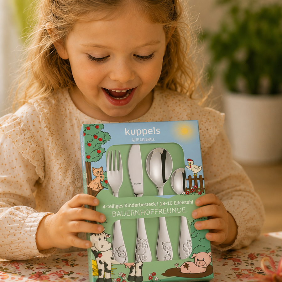 Kinderbesteck Bauernhof-Design mit Namensgravur für Mädchen – 4-teilig Edelstahl