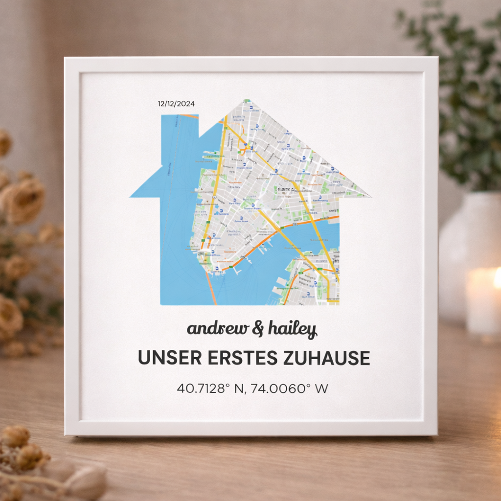 Personalisierte Lovers’ First Home Straßenkarte auf Leinwand – Quadratisches Wandbild mit Namen & Datum