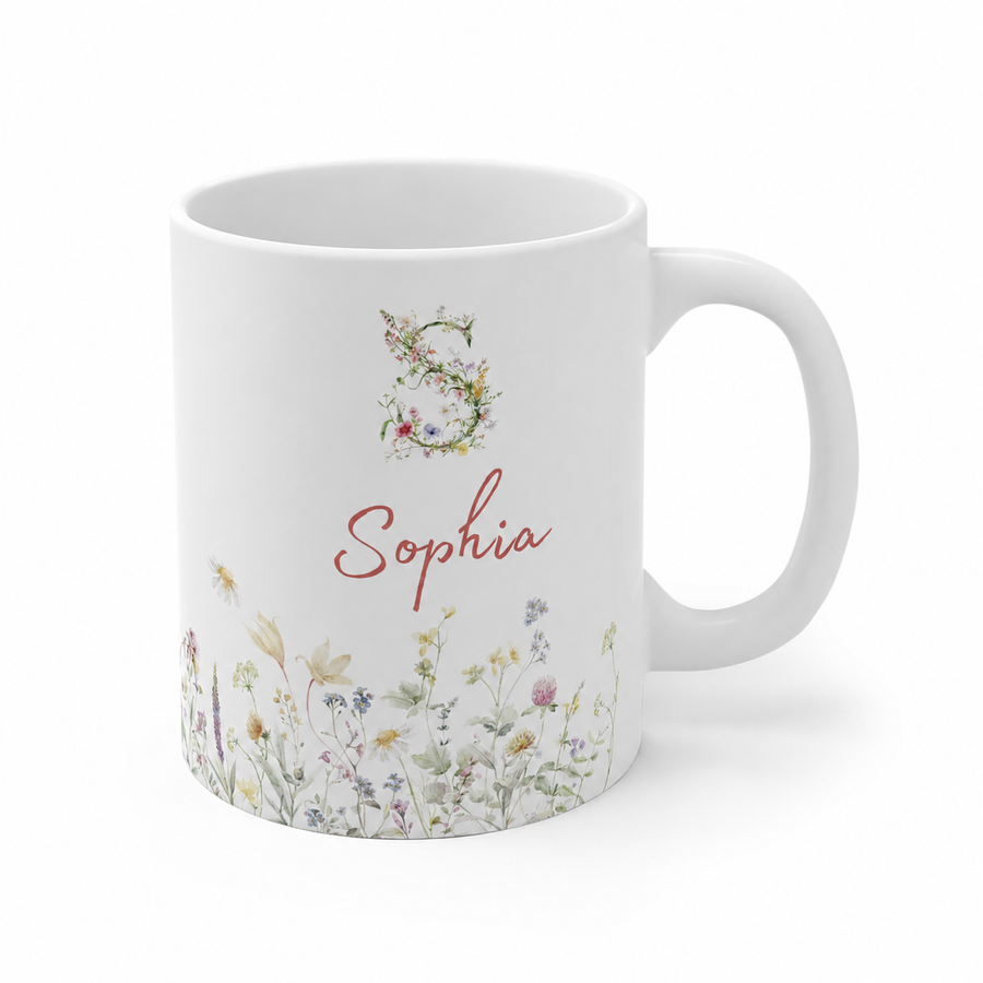 Personalisierte Wildblumen Tasse mit Initiale & Name | Individuelle Blumen Monogramm Keramiktasse für Frauen & Mädchen