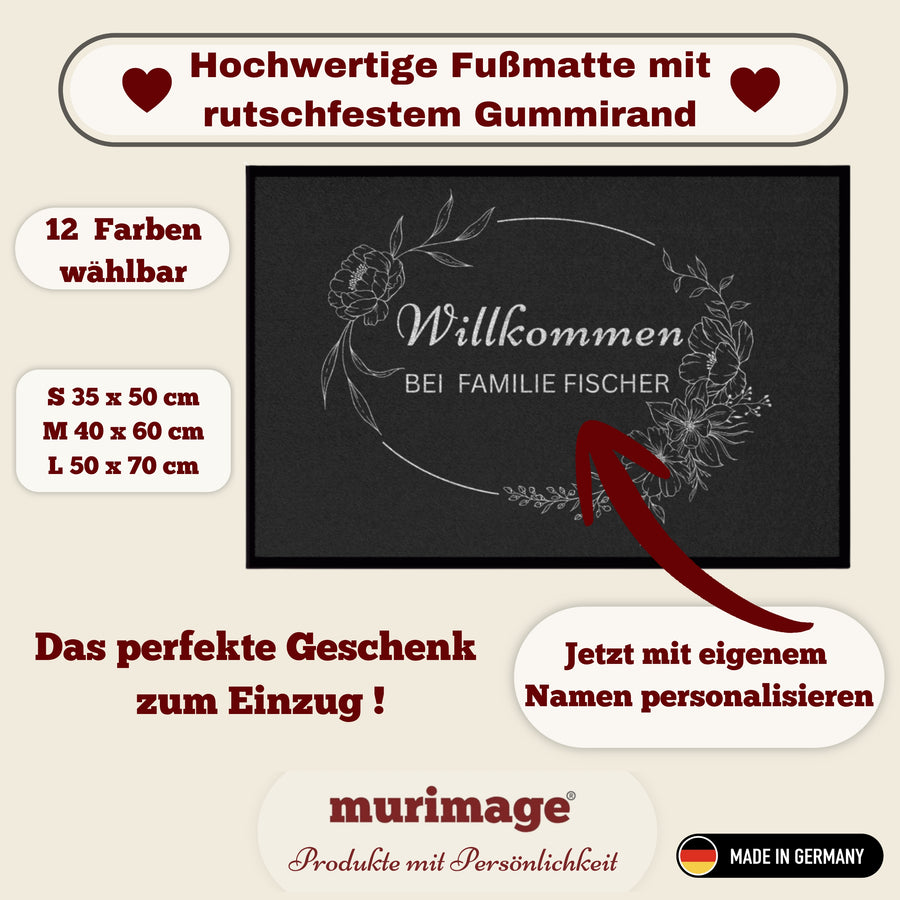 Personalisierte Blumenkranz Willkommen Fußmatte mit Familiennamen – Individuelle schwarze Eingangsmatte, Geschenk zum Einzug
