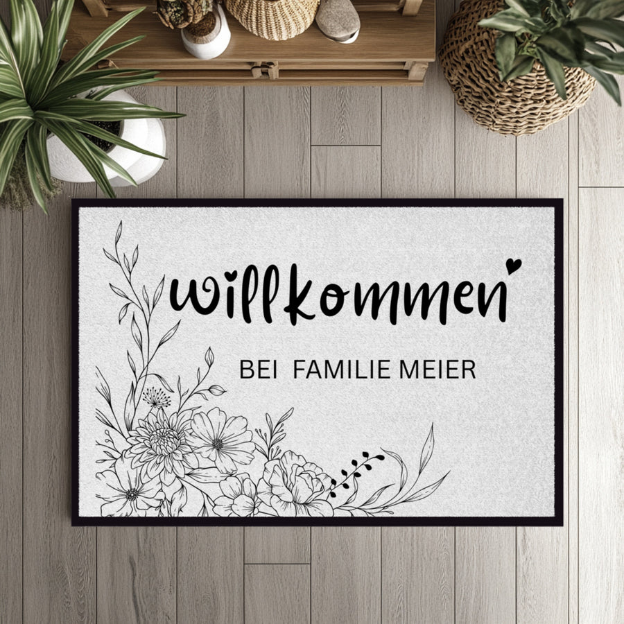 Personalisierte Blumen Willkommen Fußmatte mit Familiennamen – Individuelle Eingangsmatte, Geschenk zum Einzug