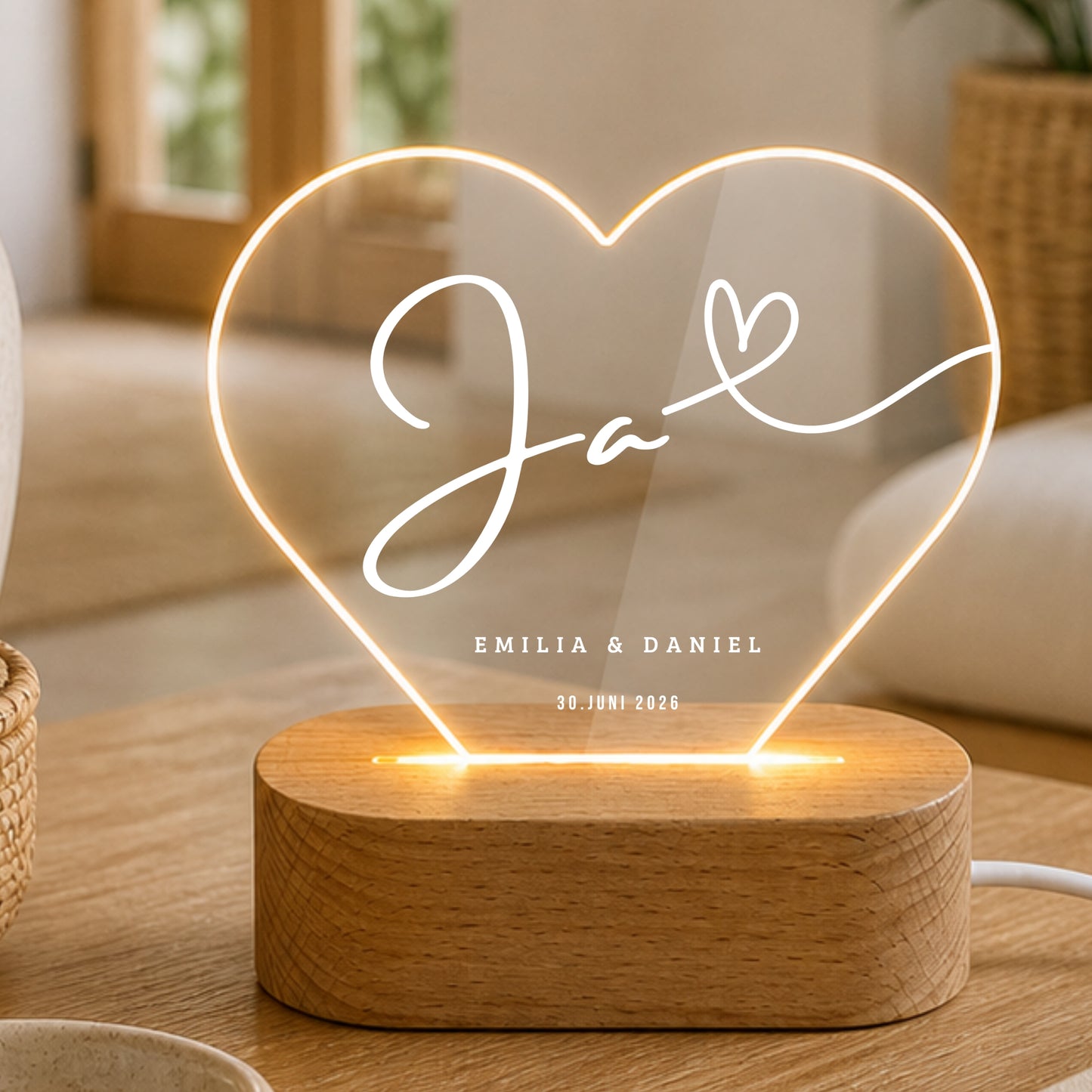 Personalisiertes „Ja“ Hochzeit Nachtlicht mit Namen & Datum – Romantische LED Acryl Lampe für Paare & Hochzeitsgeschenk
