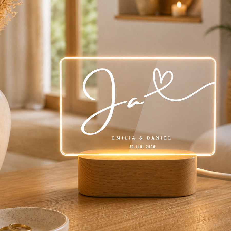 Personalisiertes „Ja“ Hochzeit Nachtlicht mit Namen & Datum – Romantische LED Acryl Lampe für Paare & Hochzeitsgeschenk
