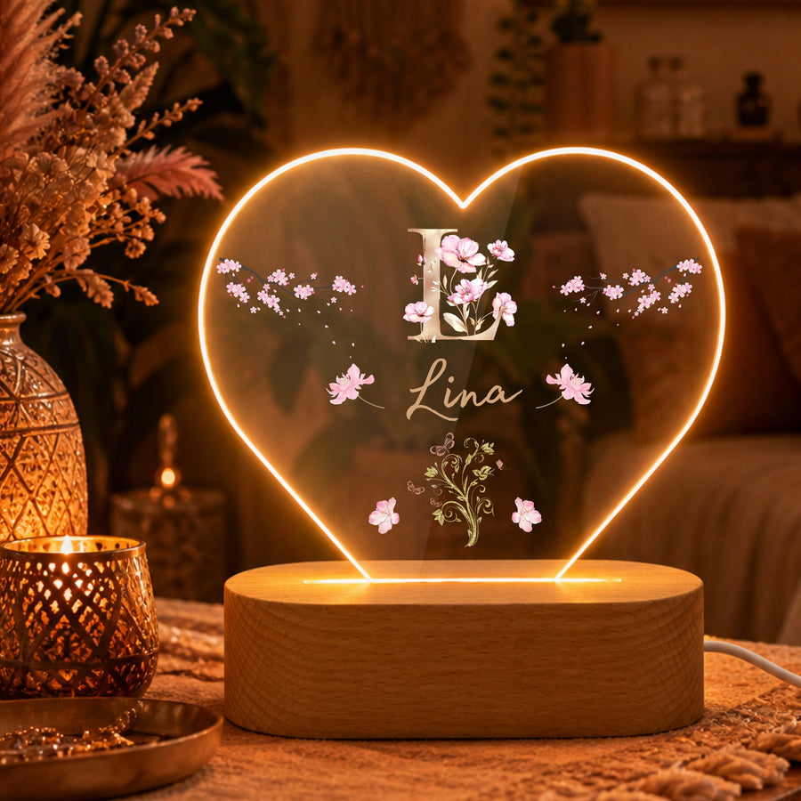 Personalisierte LED Nachtlampe mit goldenem Blumen-Monogramm & Namen | Individuelle Acryl Lampe als Geschenk für Mädchen, Frauen, Schwester & Schlafzimmer Deko