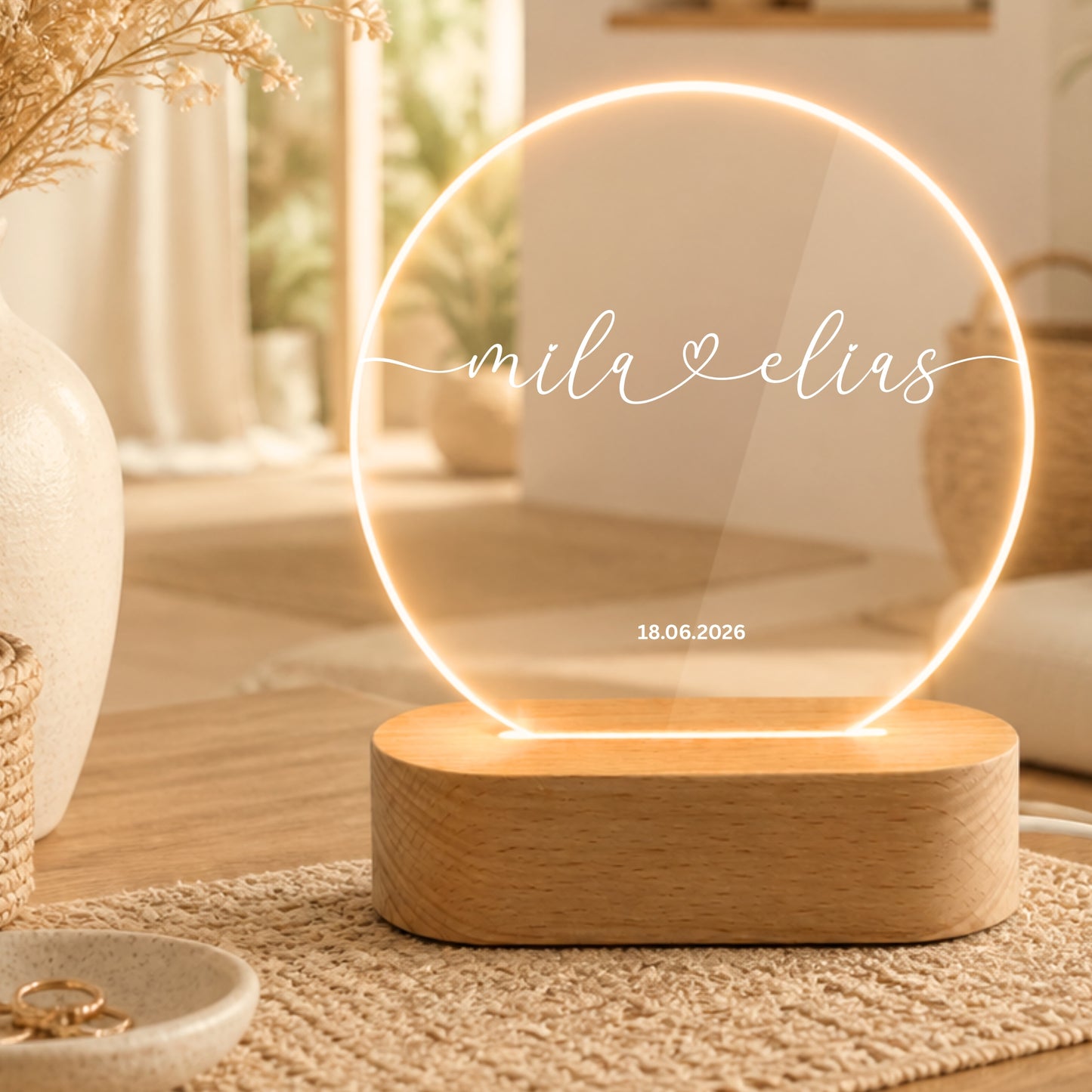 Personalisiertes Herz Nachtlicht mit Namen & Datum – Romantische LED Acryl Lampe für Paare & Hochzeitsgeschenk