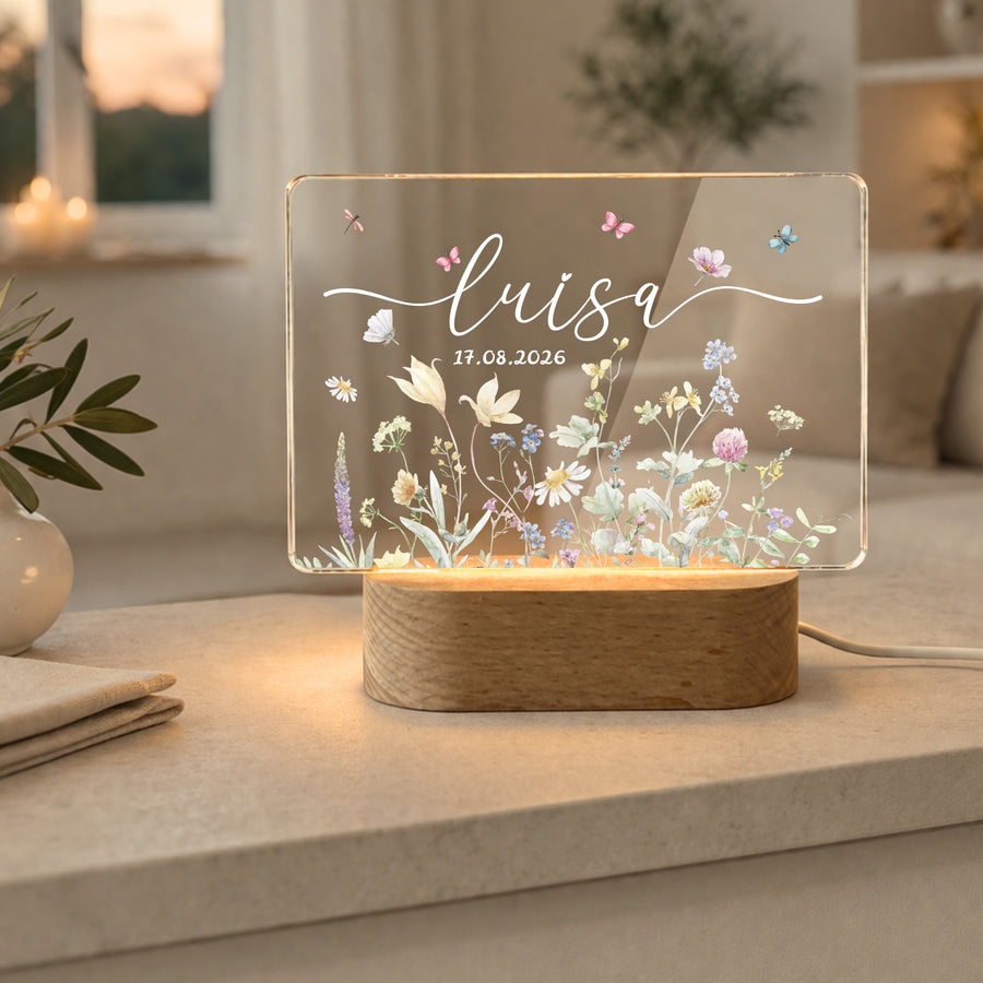 Personalisierte LED Acryl Lampe mit Name & Geburtsdatum – Blumen Nachtlicht als Geschenk zur Geburt, Kinderzimmer Deko