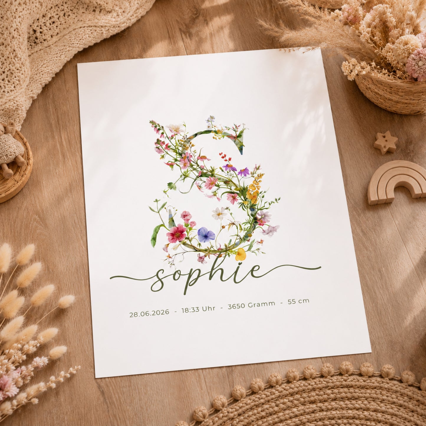 Poster Wildblumen Monogramm Love Line Schrift – Personalisiertes Namensposter mit Geburtsdaten & Initiale