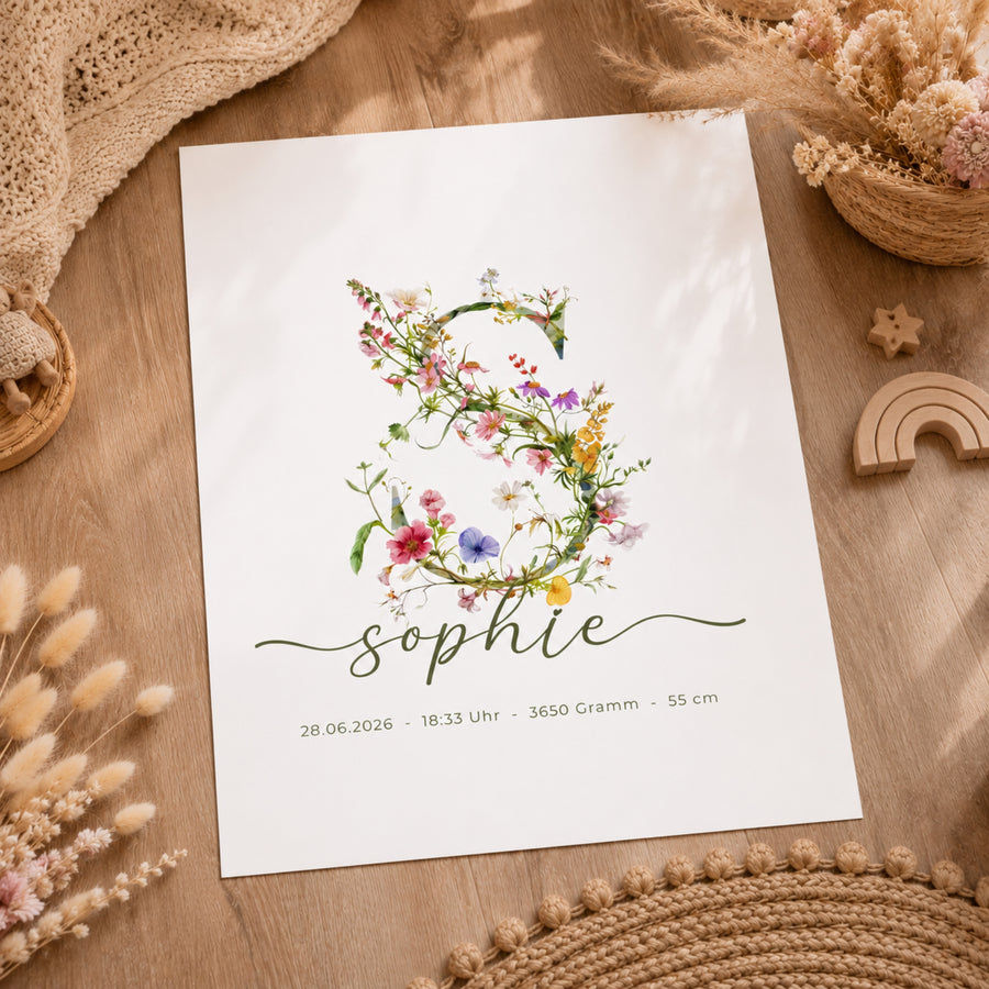 Poster Wildblumen Monogramm Love Line Schrift – Personalisiertes Namensposter mit Geburtsdaten & Initiale