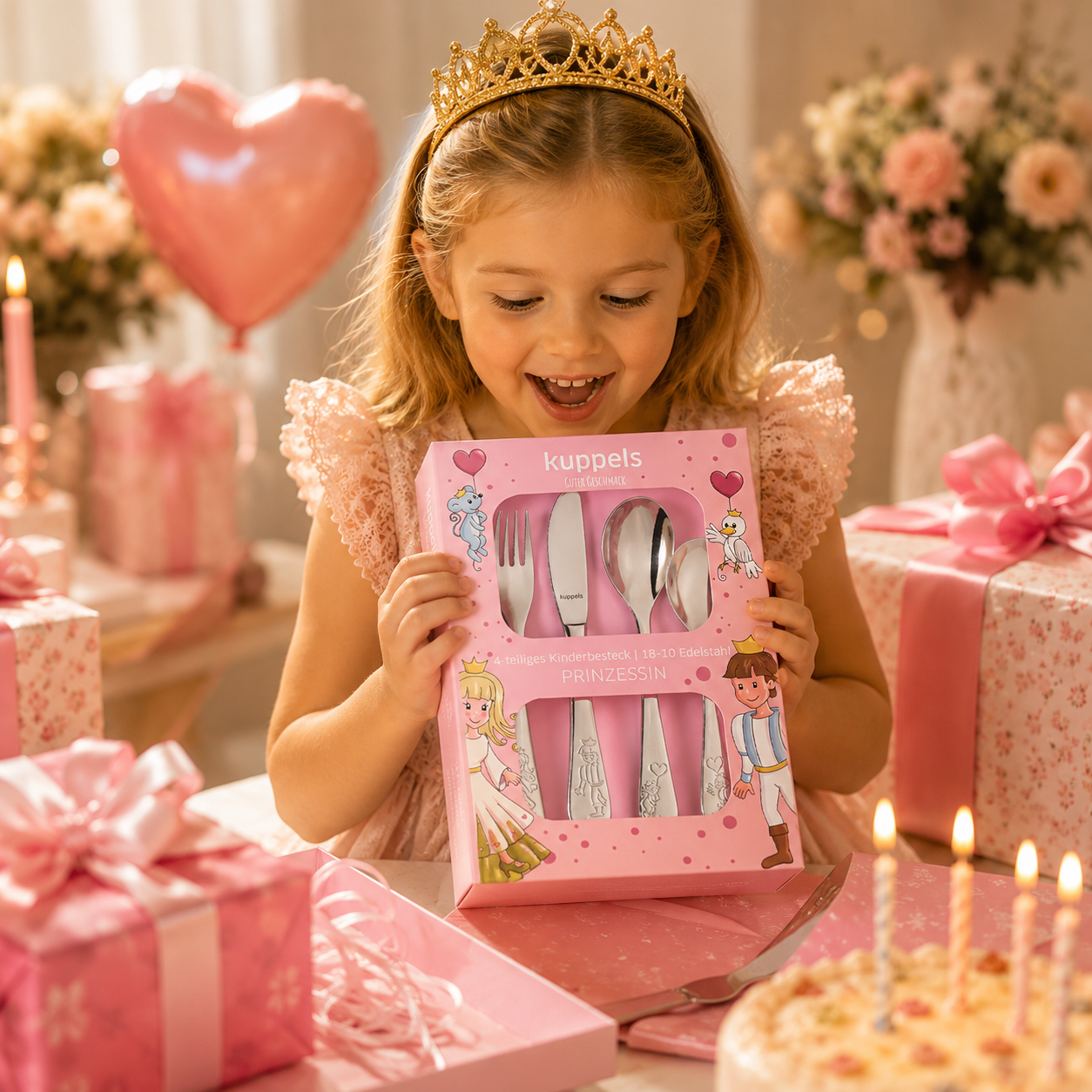 Personalisiertes Kinderbesteck Prinzessin-Design mit Namensgravur – 4-teilig aus Edelstahl"