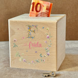 Personalisierte Holz Spardose mit Blumen Monogramm & Wunschname | Sparbox für Kinder mit Schloss