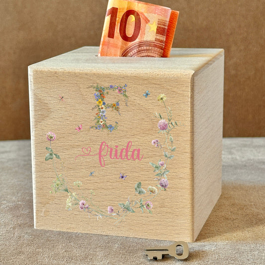 Personalisierte Holz Spardose mit Blumen Monogramm & Wunschname | Sparbox für Kinder mit Schloss