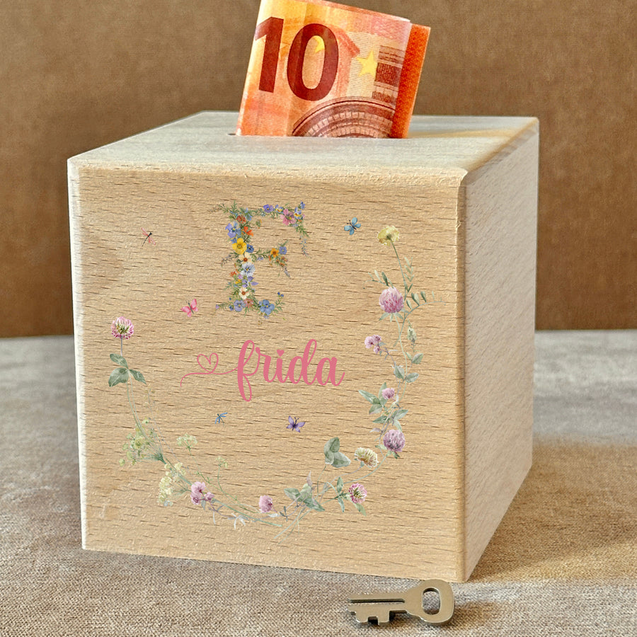 Personalisierte Holz Spardose mit Blumen Monogramm & Wunschname | Sparbox für Kinder mit Schloss