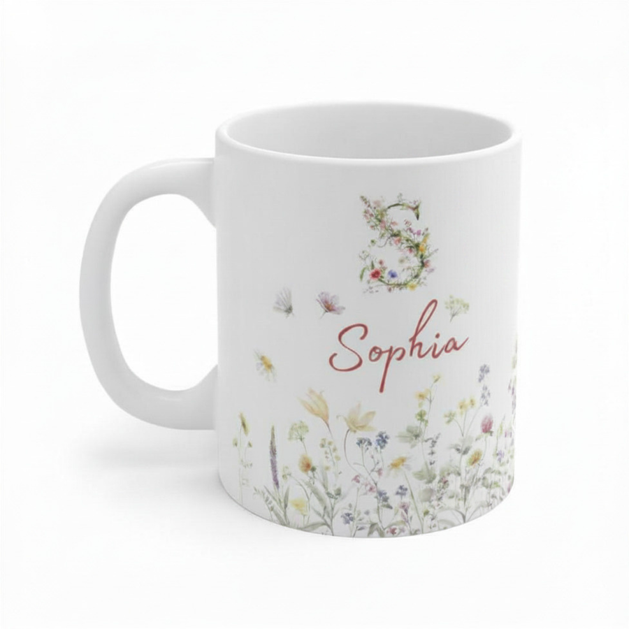 Personalisierte Wildblumen Tasse mit Initiale & Name | Individuelle Blumen Monogramm Keramiktasse für Frauen & Mädchen