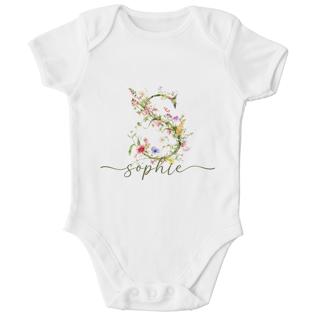 Personalisierter Baby Bio Body mit Wildblumen Monogramm & Namen – Geschenk zur Geburt für Mädchen & Jungen
